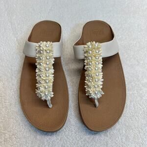 Fitflop Womens Sandals Pearl Flower Verna Leather Toe Thong White/Beige, Sz 10